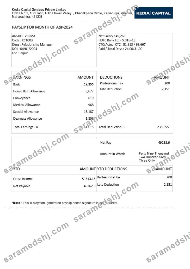 Kedia Capital Services investment services payslip template in Word and PDF formats.pdf, 1